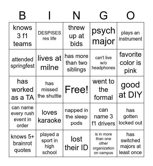 Pole Position Speed Dating Bingo Card