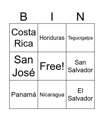 Central America Countries/Capitals Bingo Card