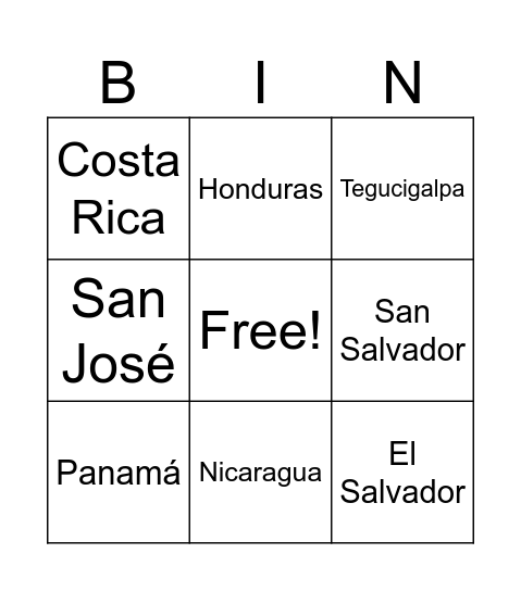 Central America Countries/Capitals Bingo Card