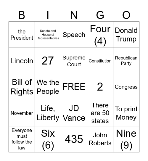 Citizenship Bingo Card