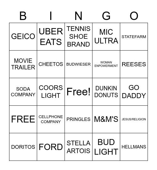 SUPERBOWL COMMERICAL BINGO Card