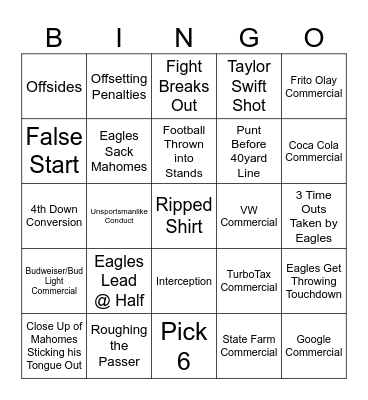 Superbowl 2025 Bingo Card