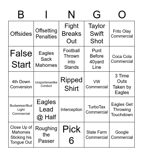 Superbowl 2025 Bingo Card