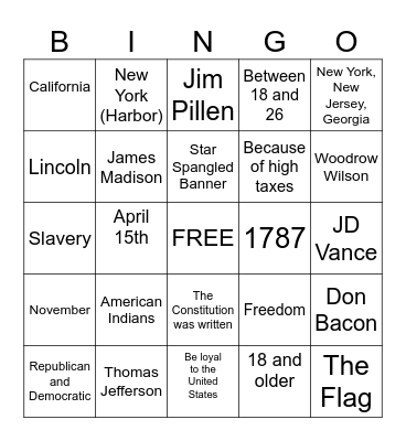 Citizenship Bingo Card