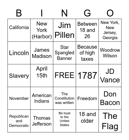 Citizenship Bingo Card
