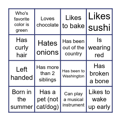 Get to know each other Bingo Card