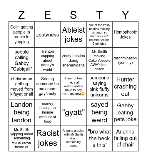 First block bingo (spelled right this time) Bingo Card