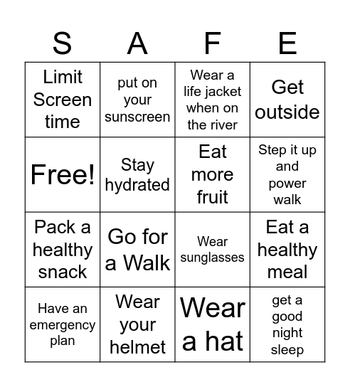 Summer Safety and Wellness Bingo Card