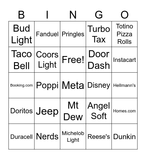 Superbowl Ad Bingo Card