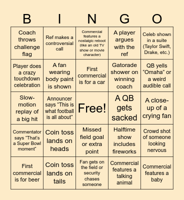 🎉 Super Bowl Bingo🏈 Bingo Card