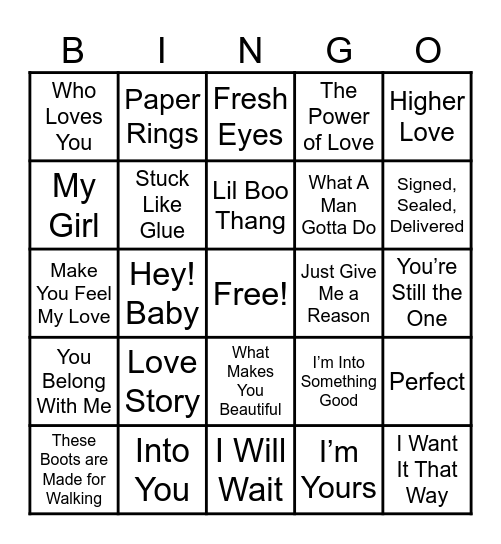 Love Song Music Bingo Card