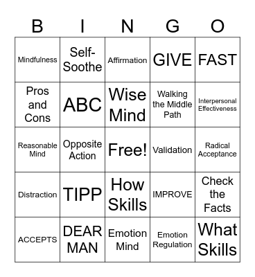 DBT Skills Bingo! Bingo Card