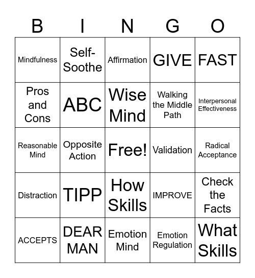DBT Skills Bingo! Bingo Card