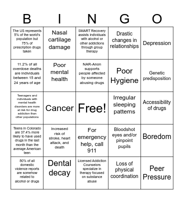 Drug Prevention Bingo Card
