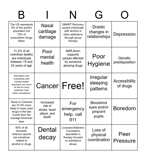 Drug Prevention Bingo Card