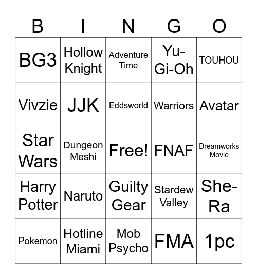 Fandom Bingo Card