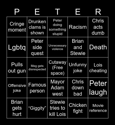 Family guy Bingo Card