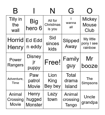 Musical Cartoon Bingo Card
