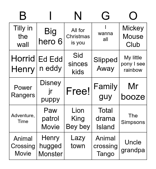 Musical Cartoon Bingo Card