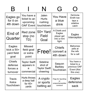 OAF Super Bowl LVIII Bingo Card