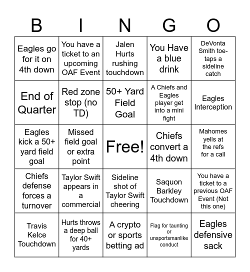 OAF Super Bowl LVIII Bingo Card