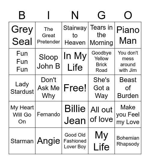 Noah's Favs Old Bingo Card