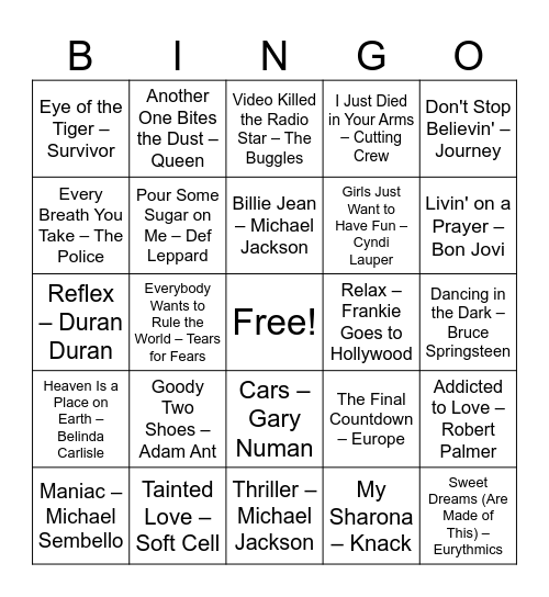 80s Music Bingo Card