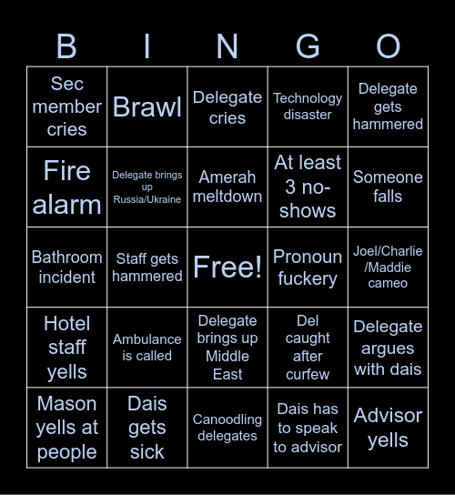 Luke & Hattie's BosMUN Bingo Card