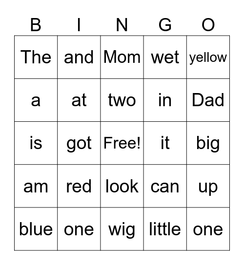 Kindergarten Bingo Card