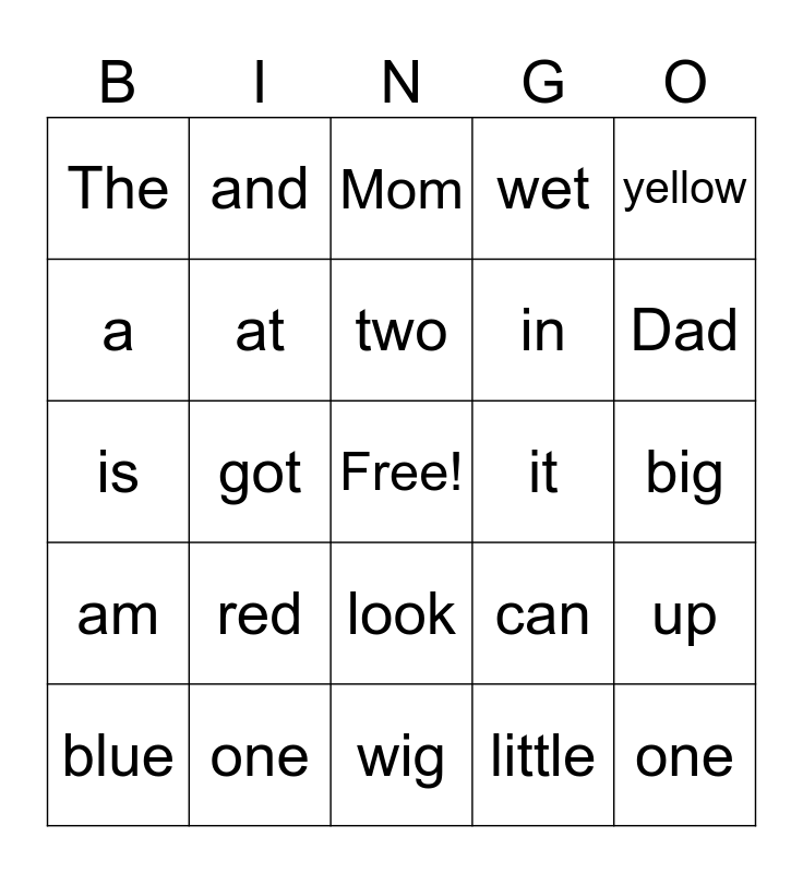 Kindergarten Bingo Card