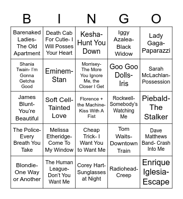 Radio Bingo Stalker Songs Bingo Card