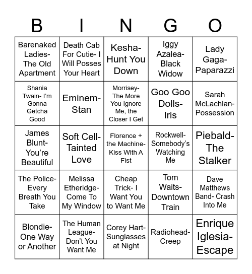 Radio Bingo Stalker Songs Bingo Card