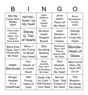 Radio Bingo Songs With Heart Bingo Card