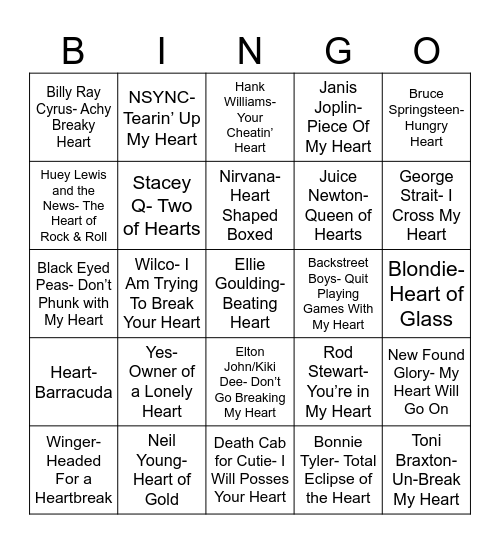 Radio Bingo Songs With Heart Bingo Card