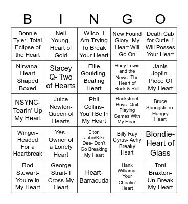 Radio Bingo Songs With Heart Bingo Card