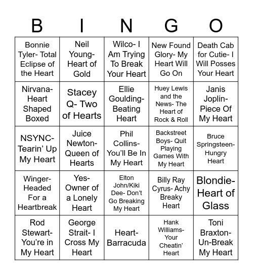Radio Bingo Songs With Heart Bingo Card