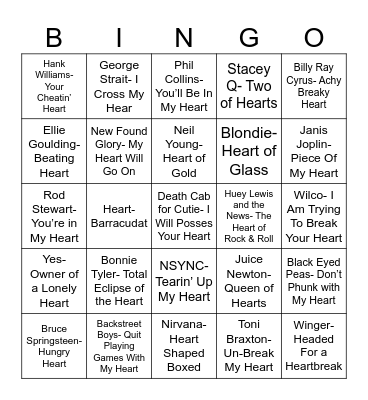 Radio Bingo Songs With Heart Bingo Card