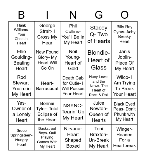 Radio Bingo Songs With Heart Bingo Card