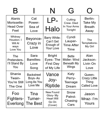Radio Bingo Love Songs Bingo Card