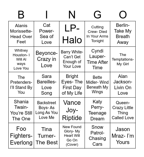 Radio Bingo Love Songs Bingo Card