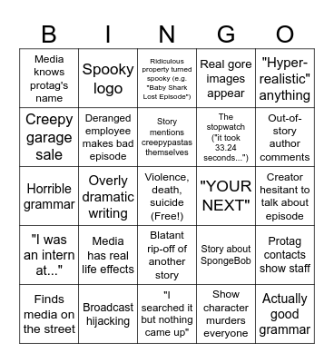 Lost Episode Creepypasta Bingo Card