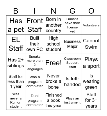 Kumon Training Bingo Card