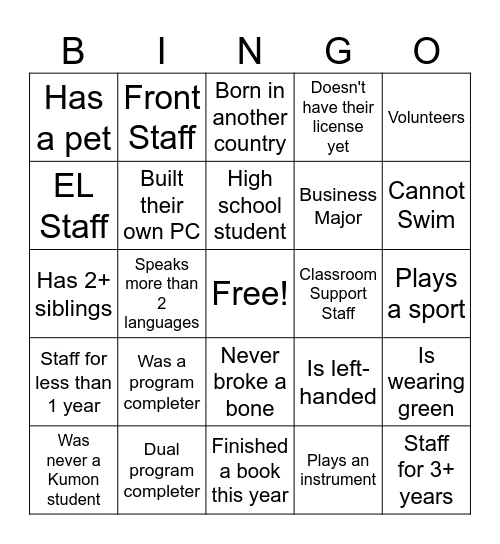 Kumon Training Bingo Card