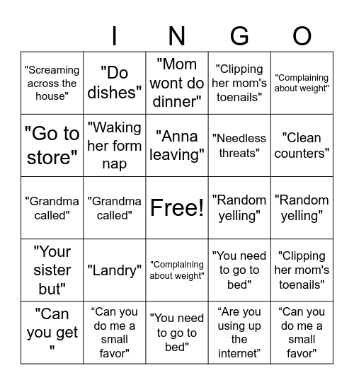 Elizabeths Family Bingo Card