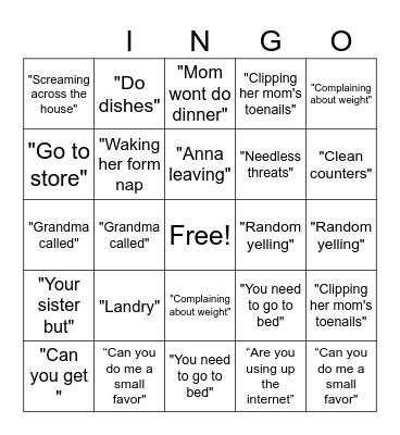 Elizabeths Family Bingo Card