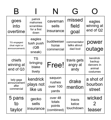 SUPERBOWL 2025 Bingo Card