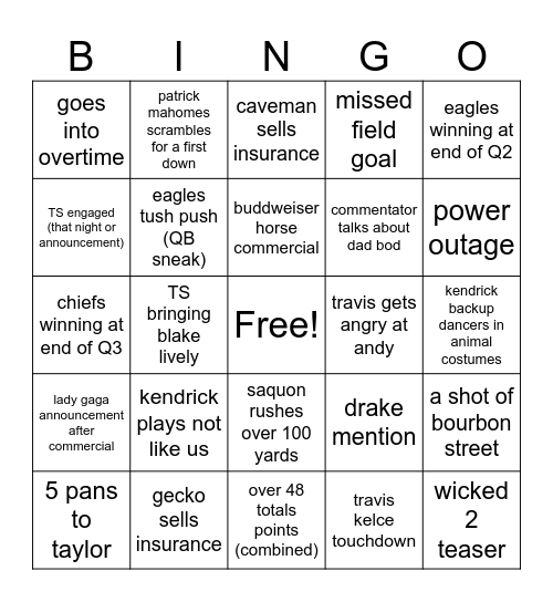 SUPERBOWL 2025 Bingo Card