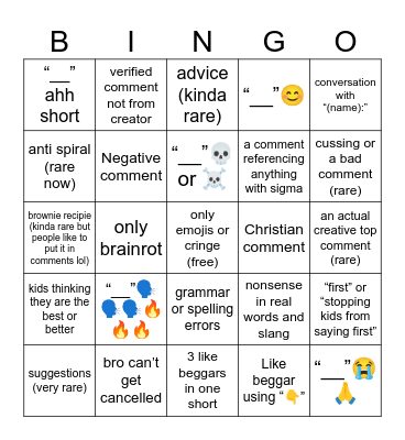 UPDATED YT SHORTS COMMENT BINGO Card