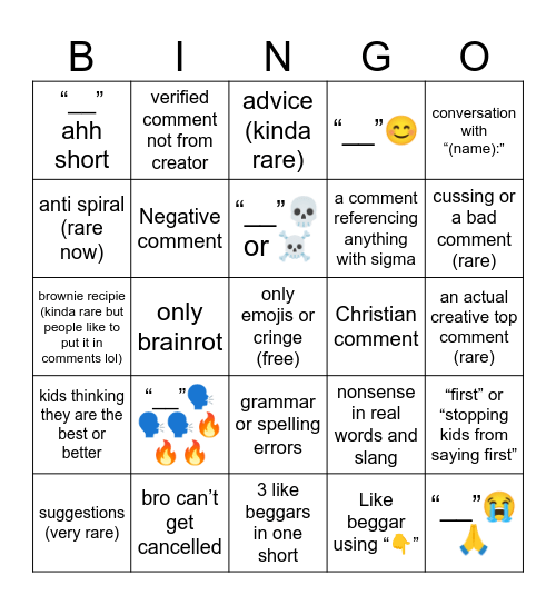 UPDATED YT SHORTS COMMENT BINGO Card