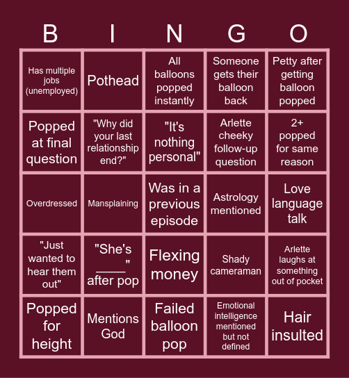 Pop the Balloon or Find Love Bingo Card